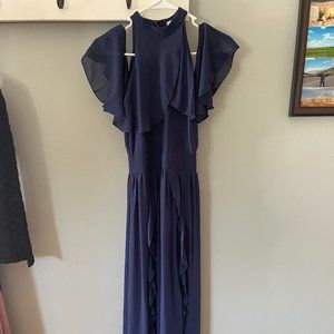 TFNC Size 6 Navy High Neck Maxi Dress with Frills
